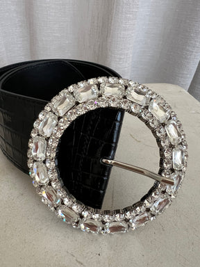 Alessandra Rich Black Croc Embossed Leather Crystal Buckle Belt