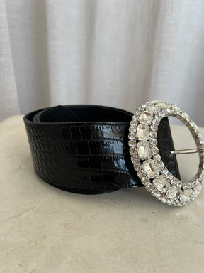 Alessandra Rich Black Croc Embossed Leather Crystal Buckle Belt