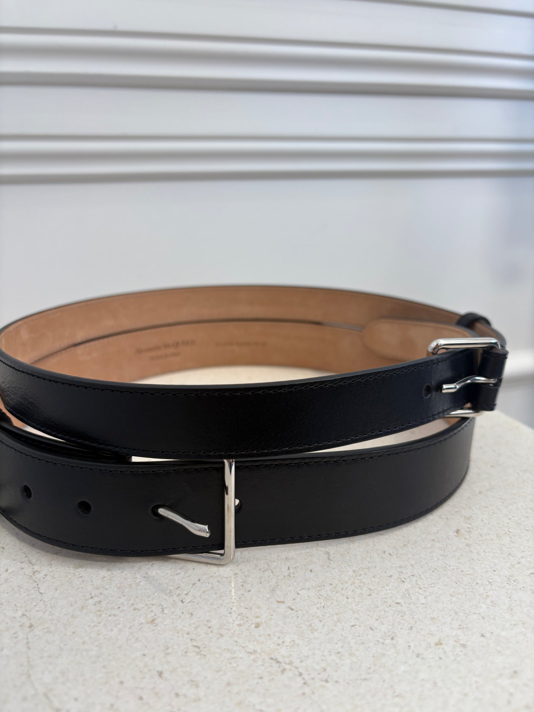 Alexander McQueen Black Leather Double Strap Belt, 75