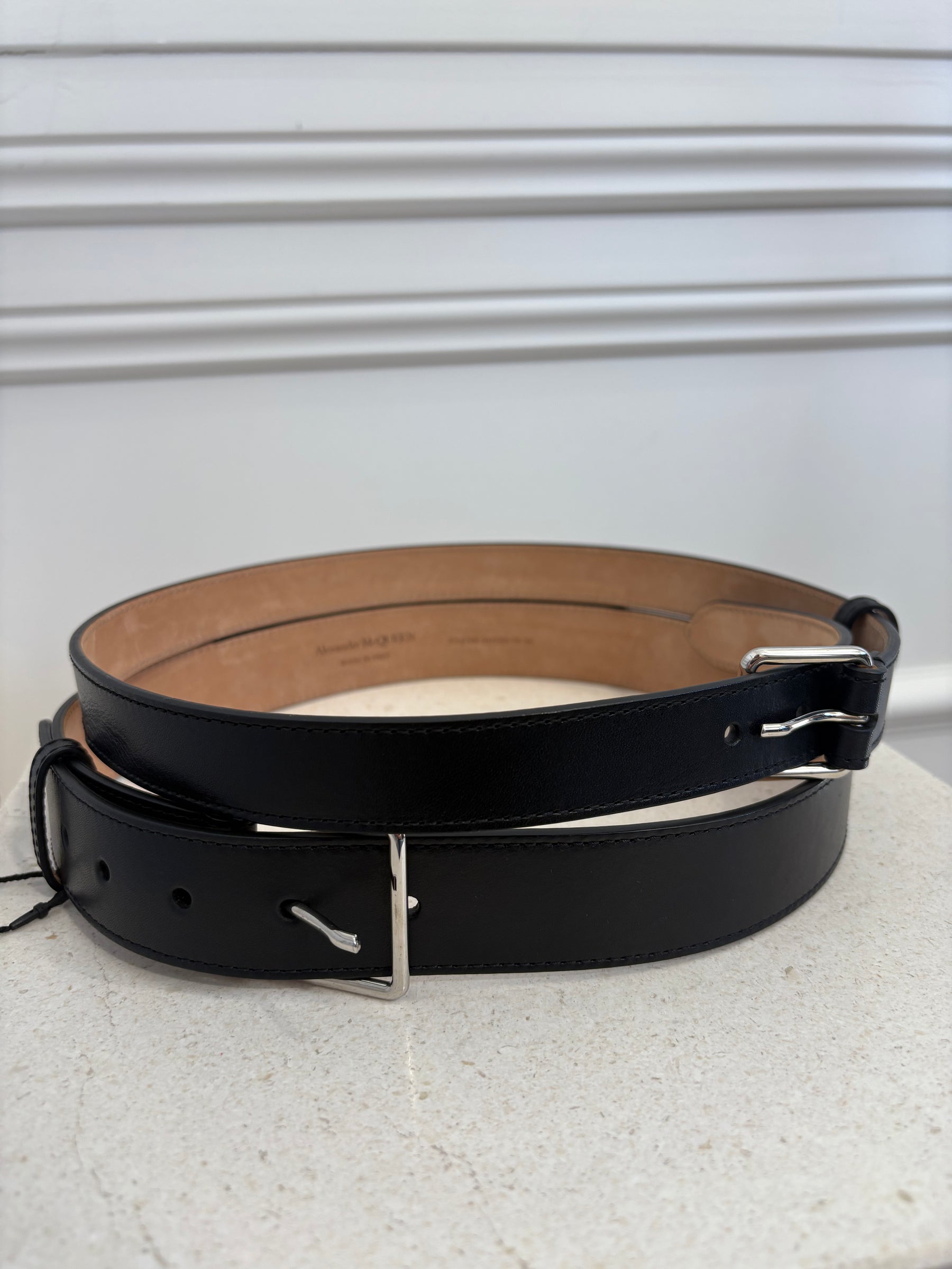 Alexander McQueen Black Leather Double Strap Belt, 75