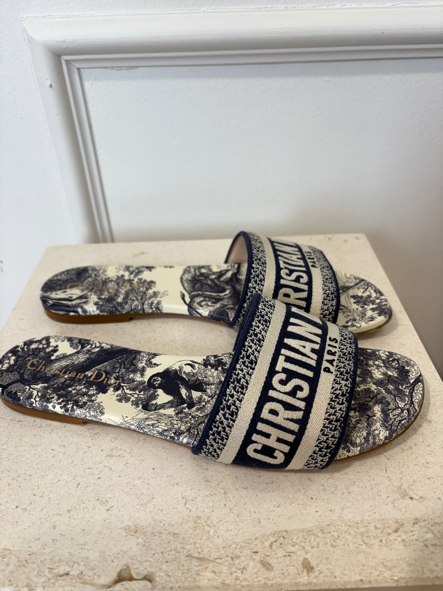 Dior Blue and White Toile De Jouy Slides, 39