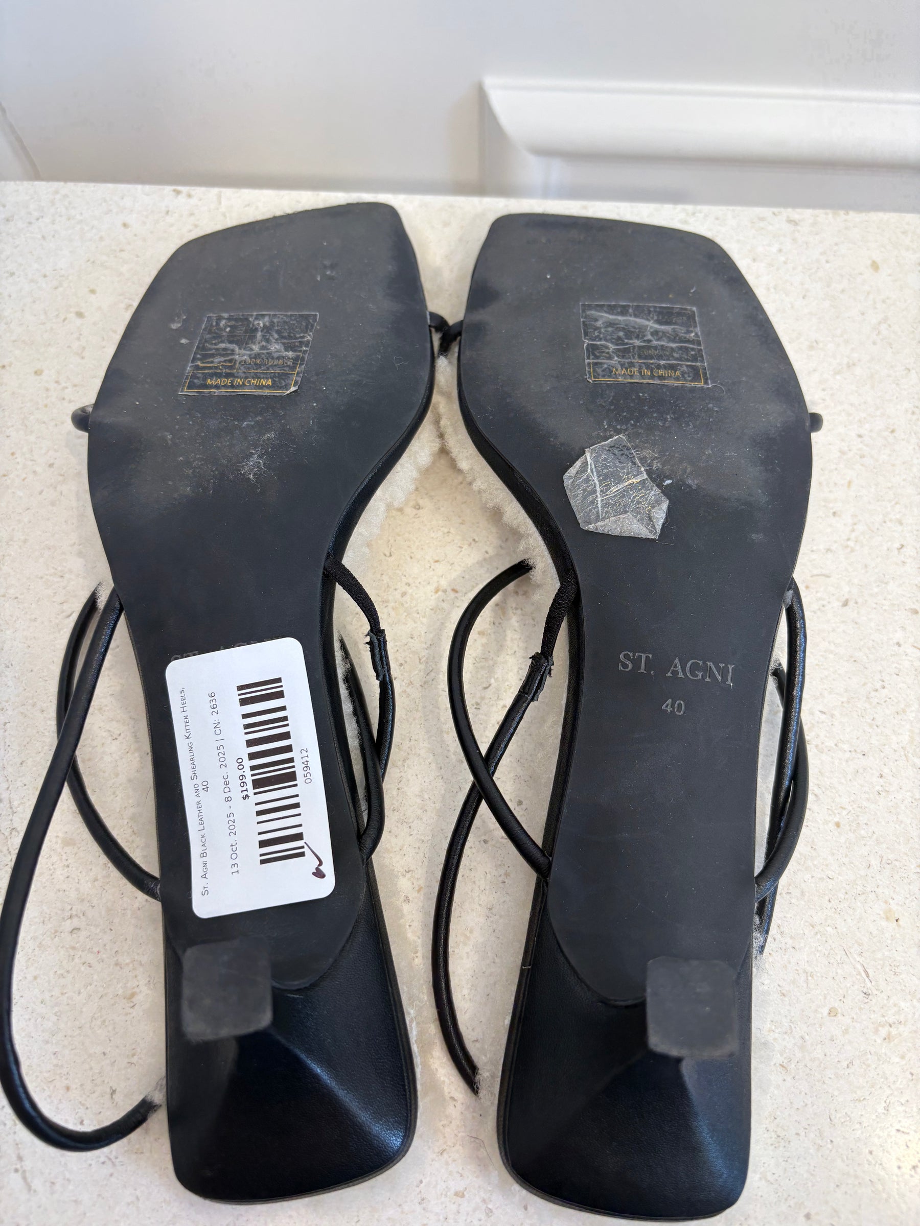 St. Agni Black Leather and Shearling Kitten Heels, 40