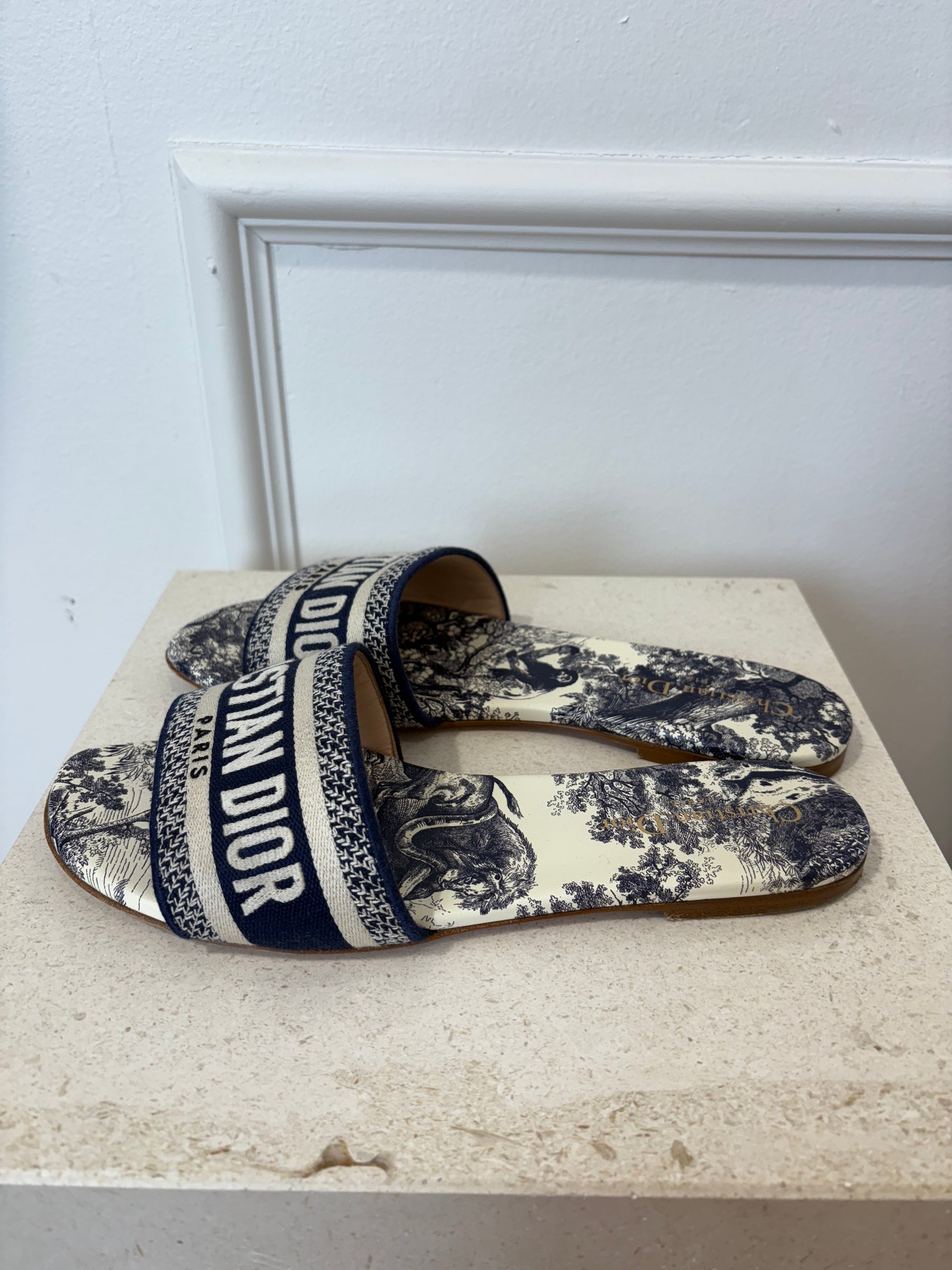 Dior Blue and White Toile De Jouy Slides, 39
