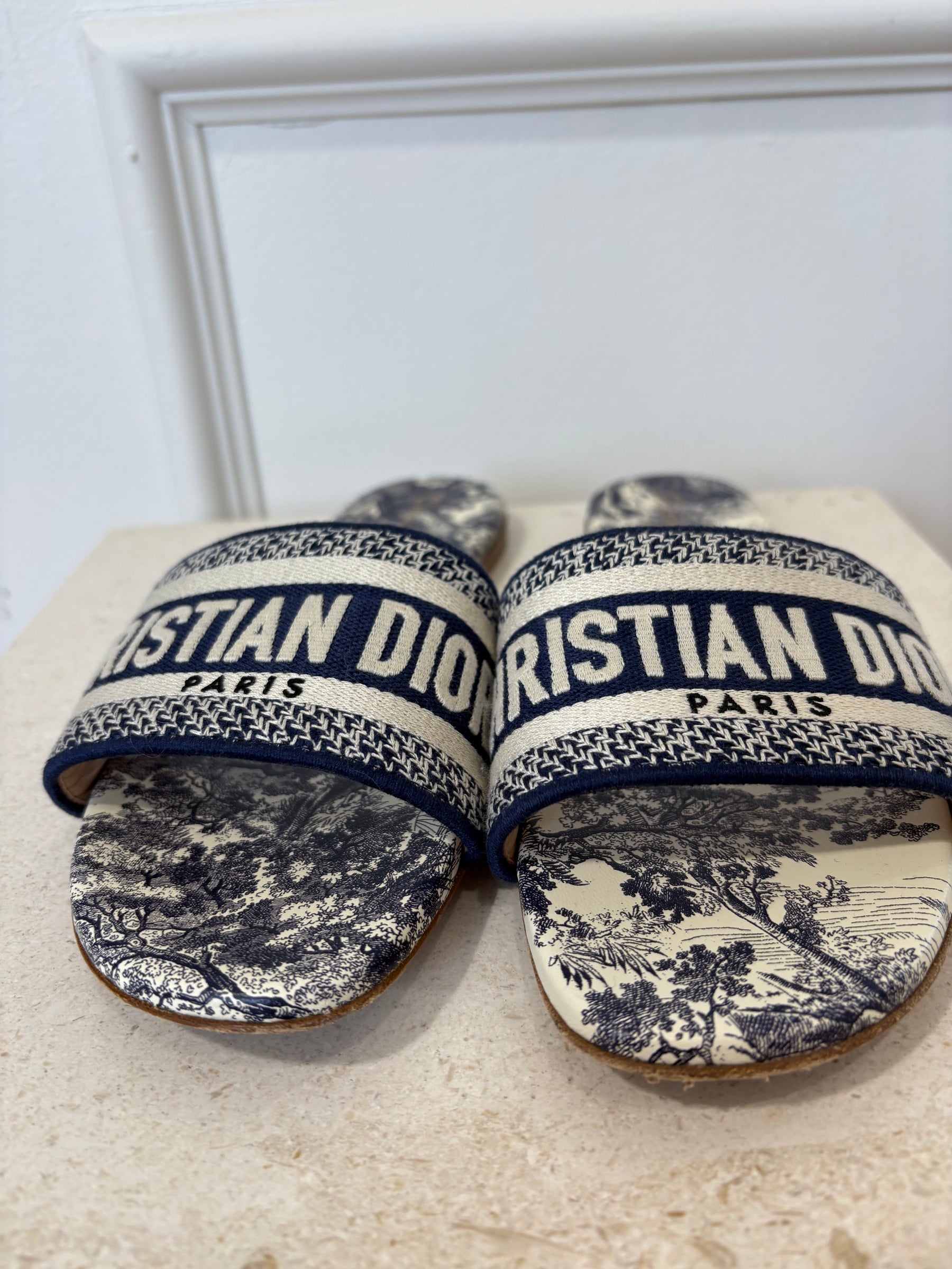 Dior Blue and White Toile De Jouy Slides, 39