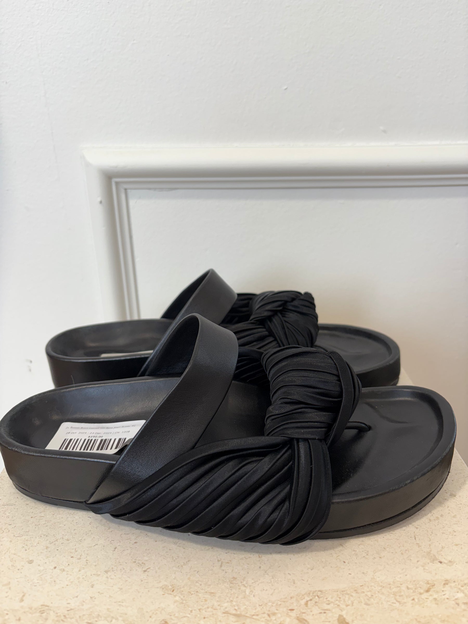 Jil Sander Black Leather and Satin Knot Slides, 41