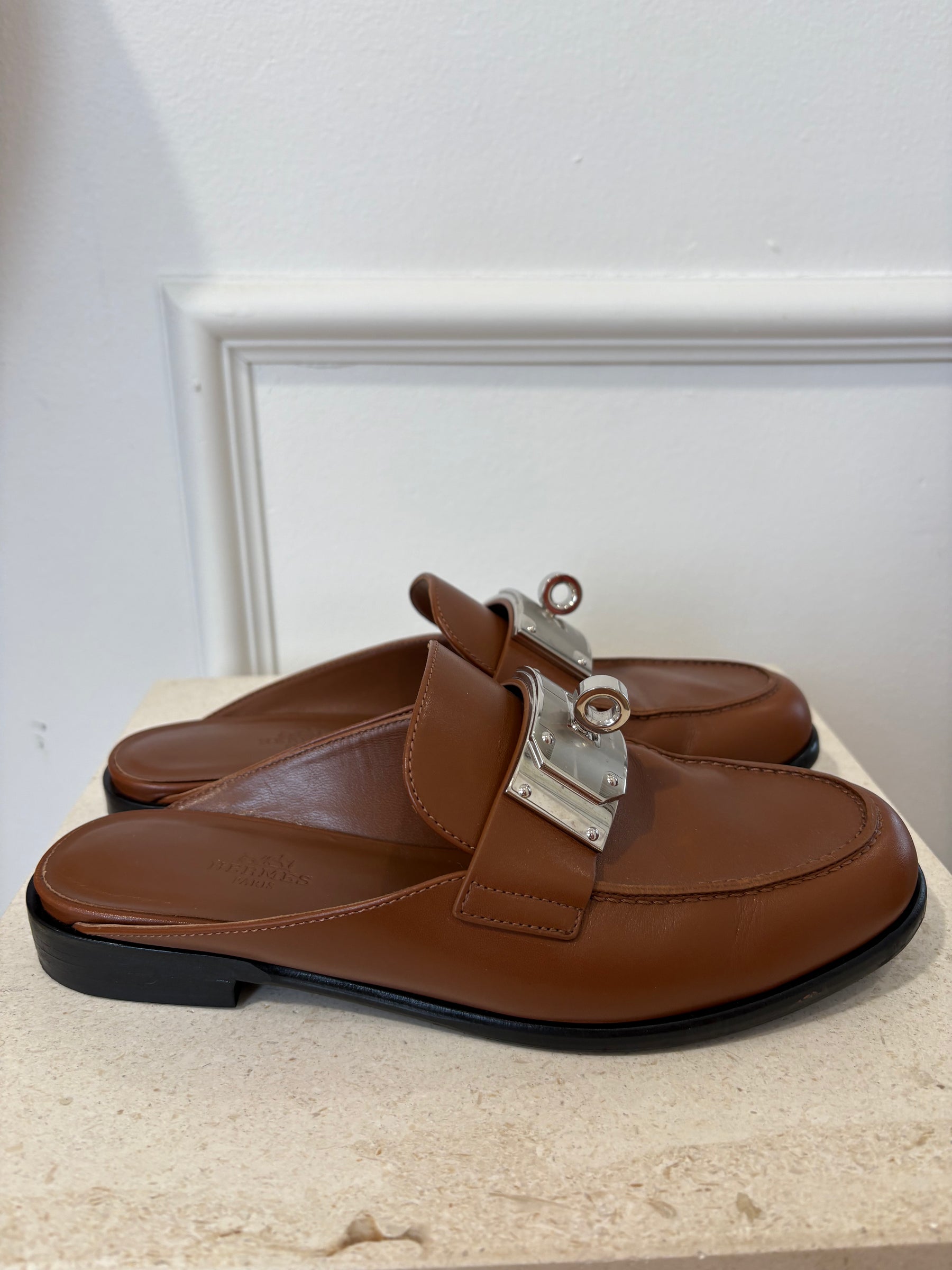 Hermès Gold Leather Iota Mules, 37