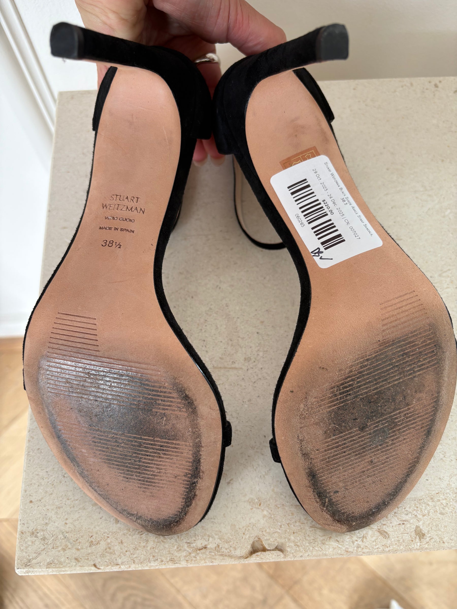 Stuart Weitzman Black Suede Ankle Strap Sandals, 38.5