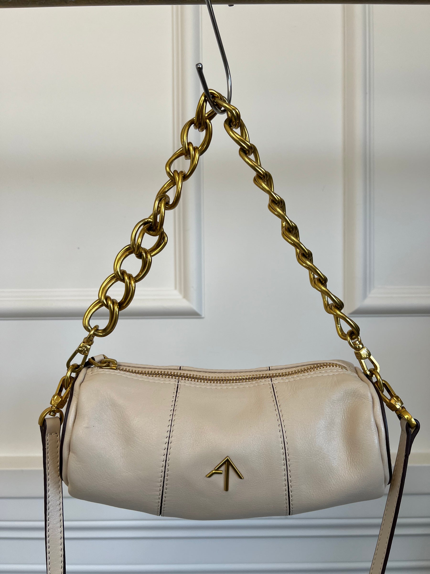 Manu Atelier Cream Leather Mini Cylinder Shoulder Bag