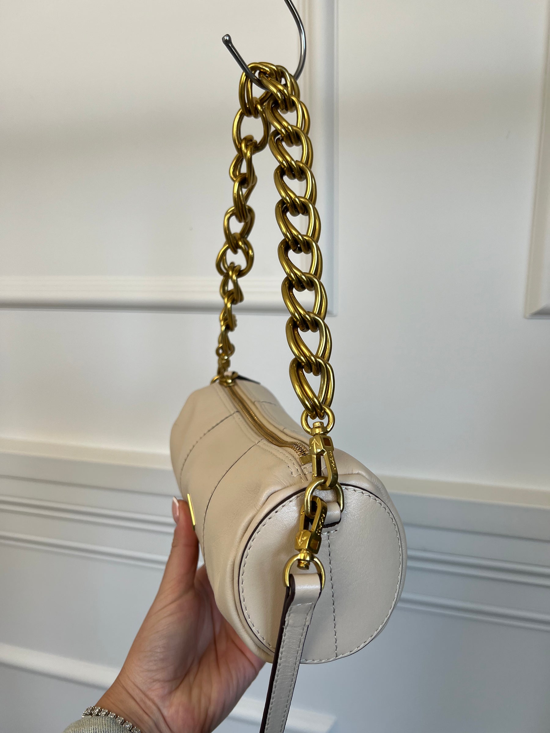 Manu Atelier Cream Leather Mini Cylinder Shoulder Bag