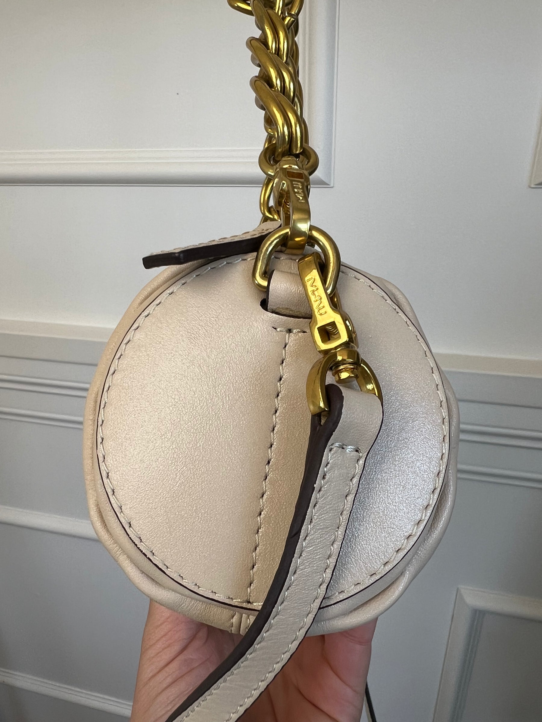 Manu Atelier Cream Leather Mini Cylinder Shoulder Bag