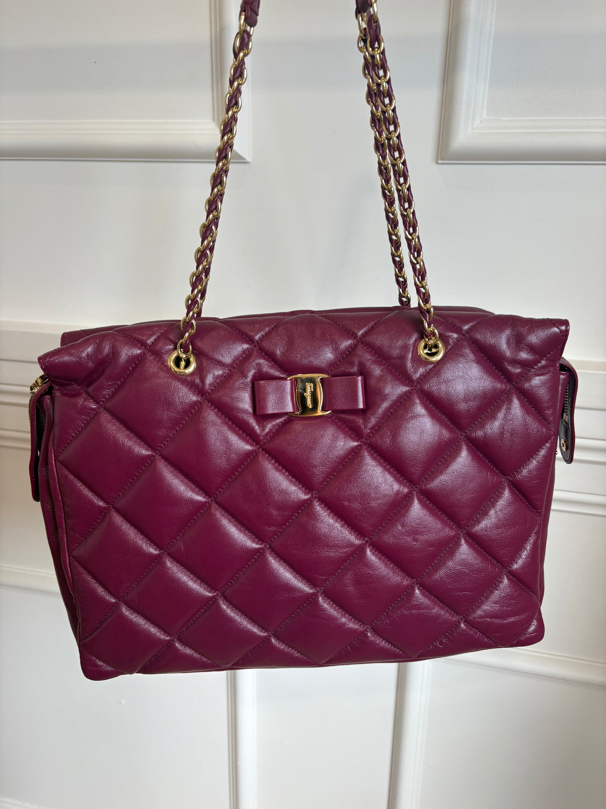 Salvatore Ferragamo Plum Quilted Leather Shoulder Tote