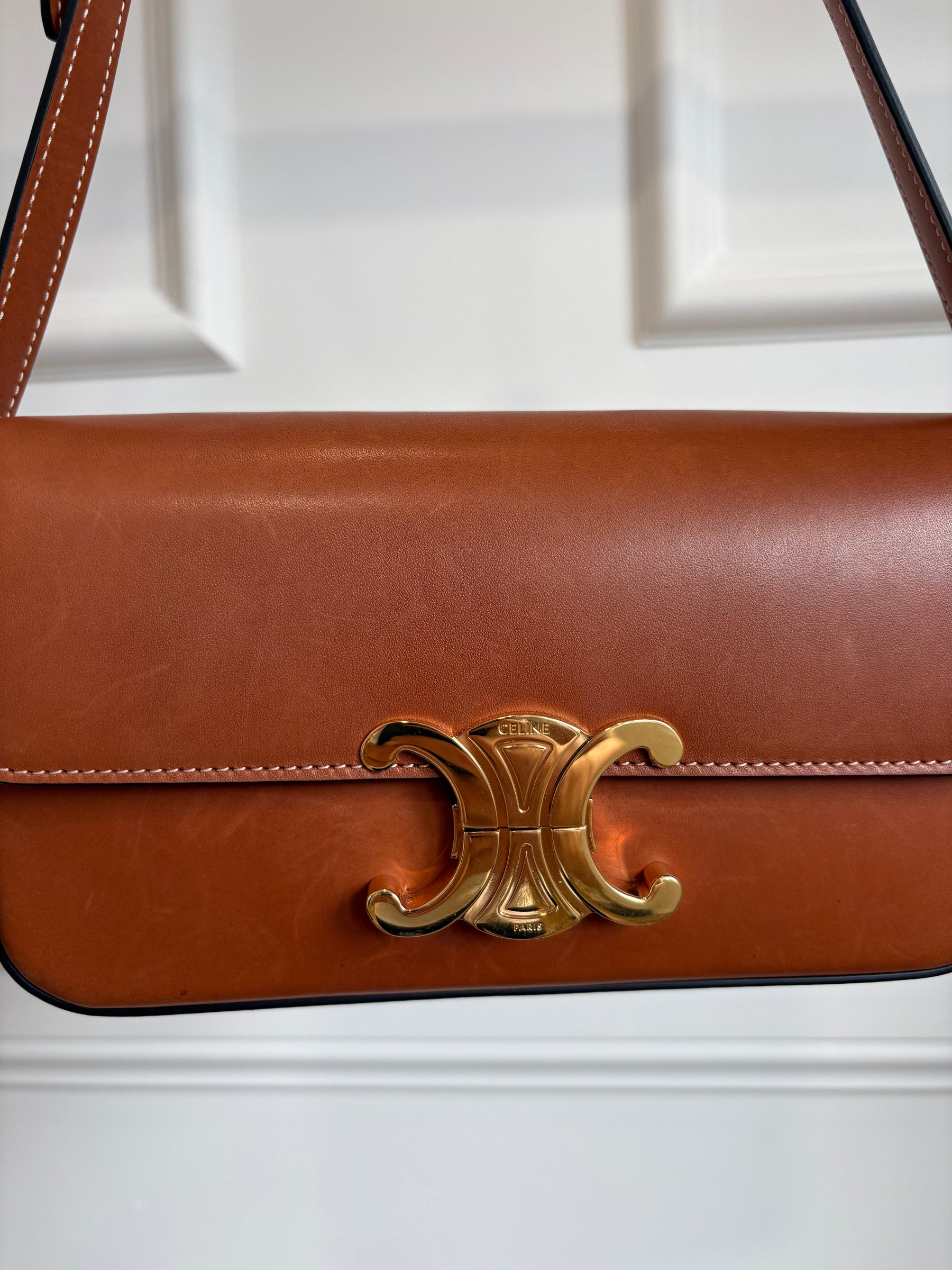 Celine Tan Leather Claude Triomphe Shoulder Bag