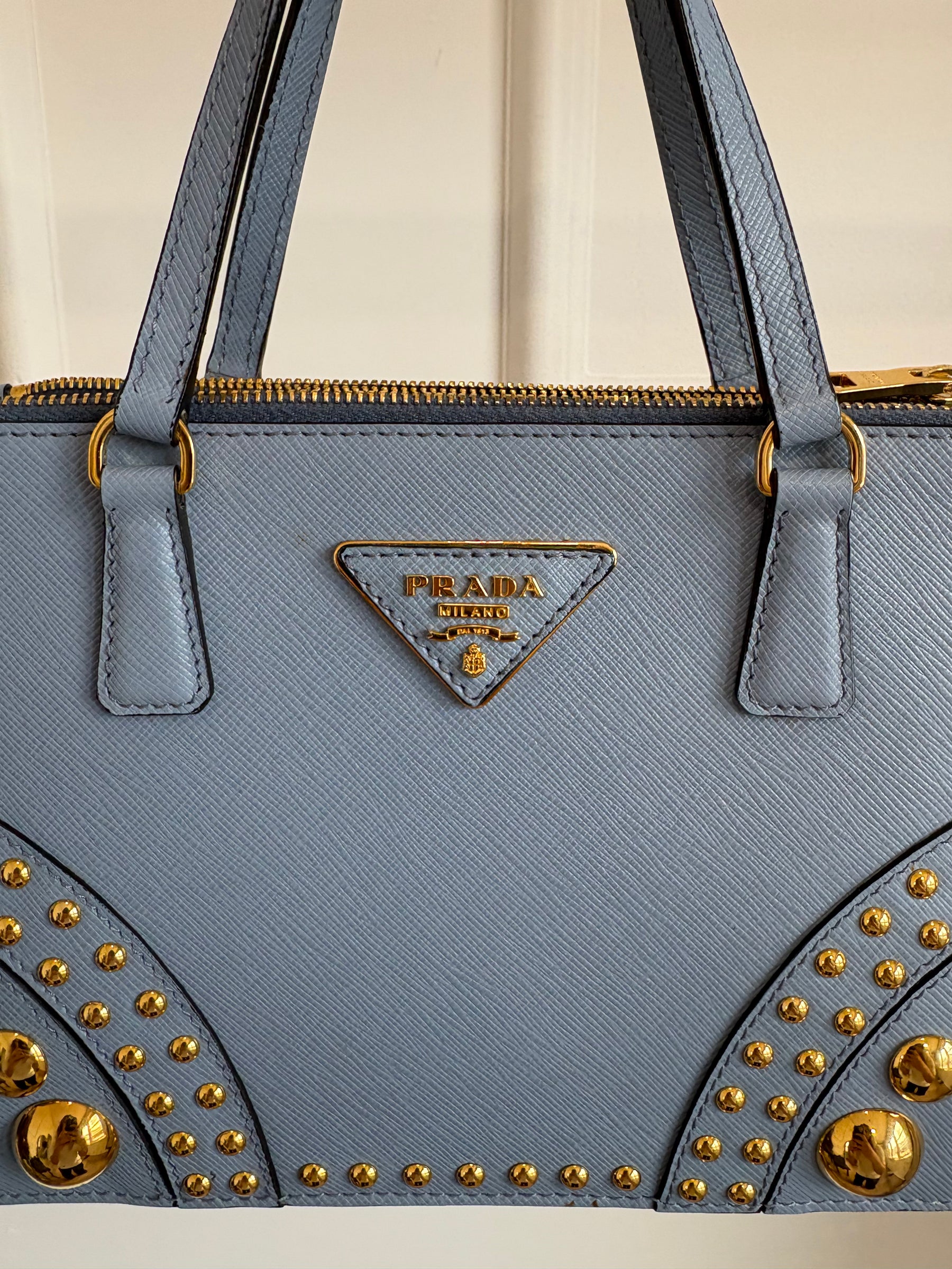 Prada Blue Saffiano Leather Gold Studded Zipped Tote