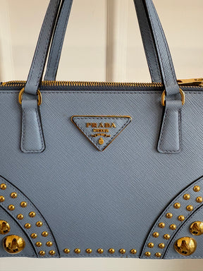 Prada Blue Saffiano Leather Gold Studded Zipped Tote