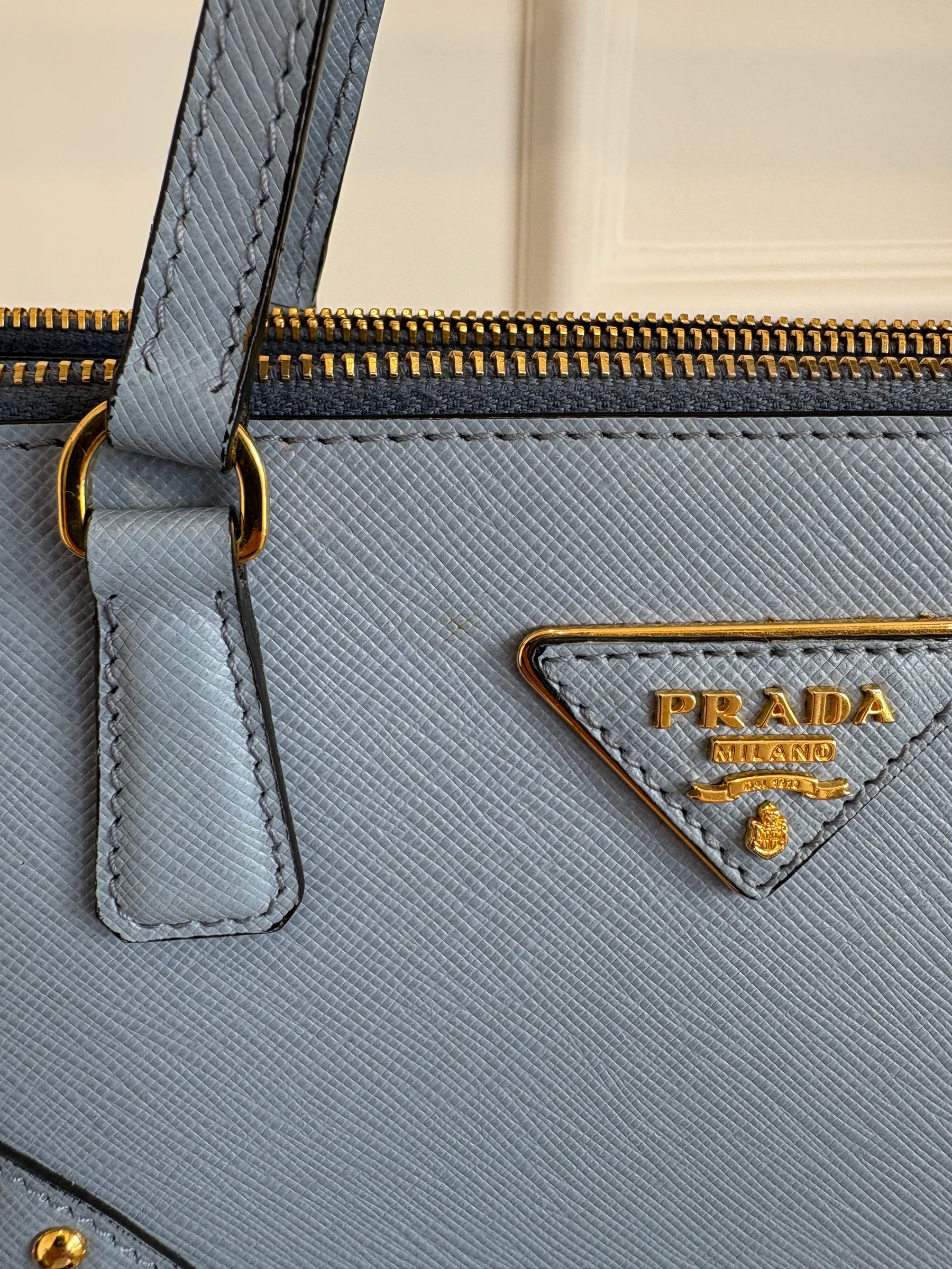 Prada Blue Saffiano Leather Gold Studded Zipped Tote