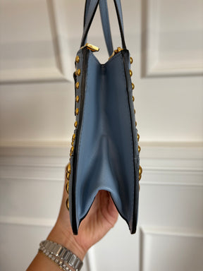 Prada Blue Saffiano Leather Gold Studded Zipped Tote