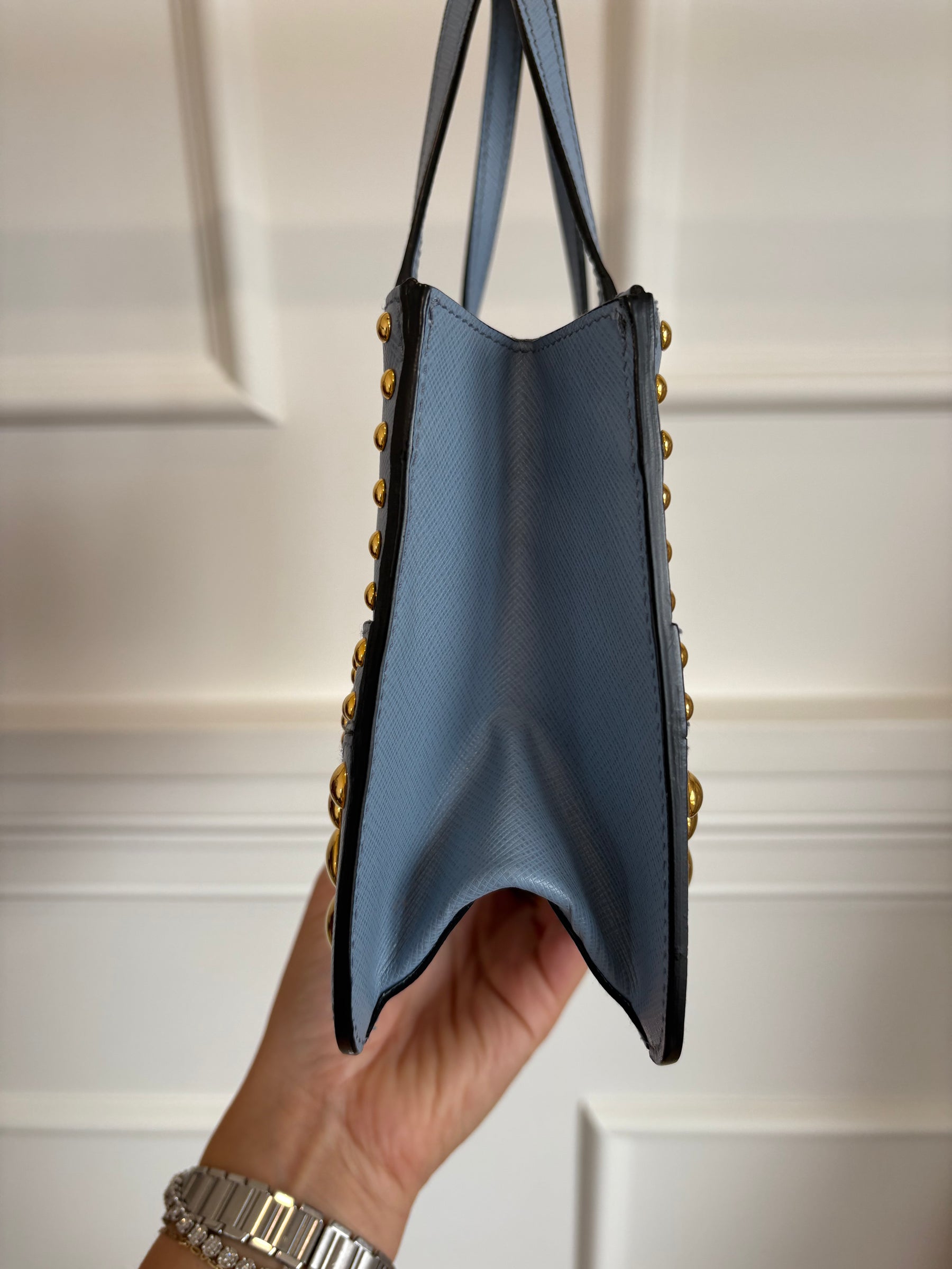 Prada Blue Saffiano Leather Gold Studded Zipped Tote