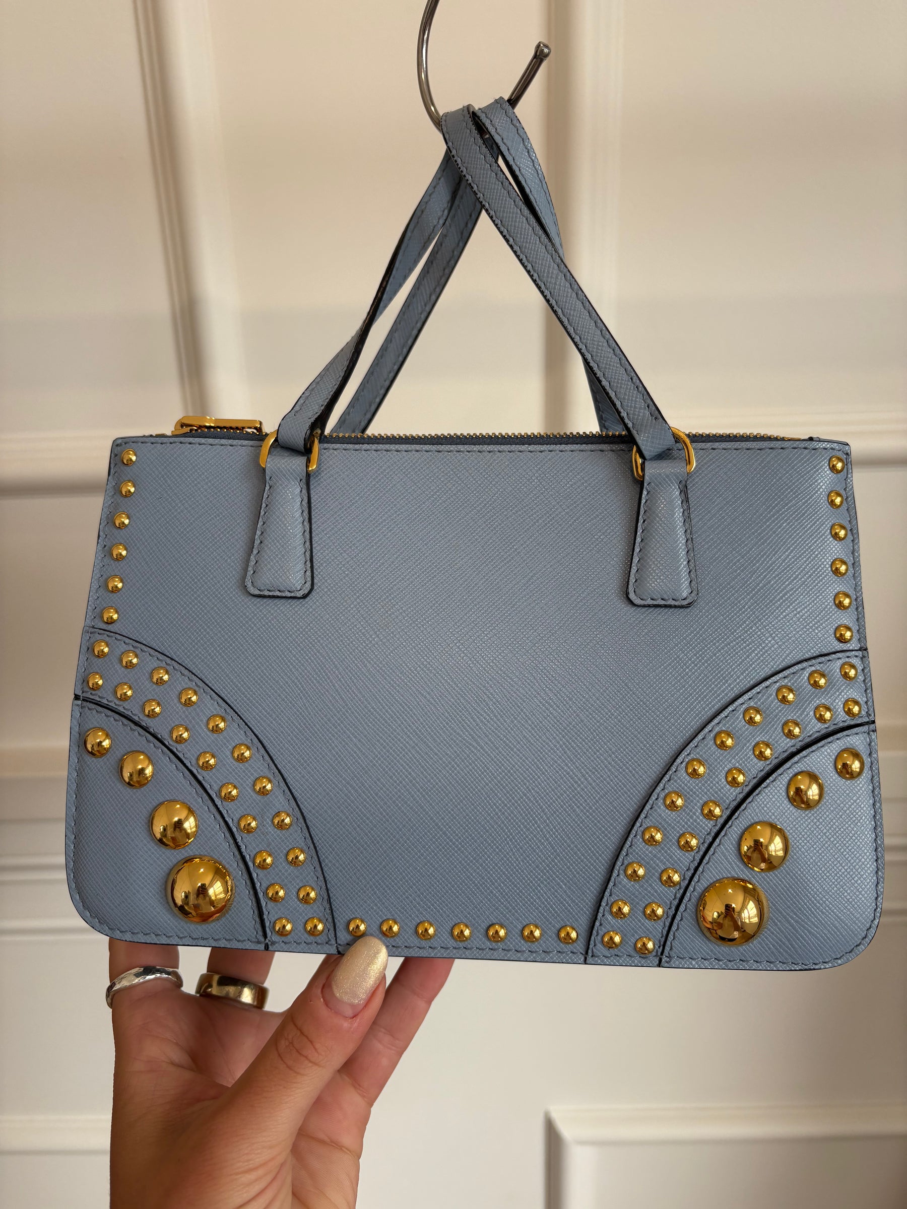 Prada Blue Saffiano Leather Gold Studded Zipped Tote
