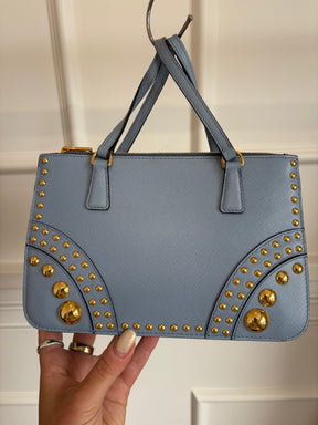 Prada Blue Saffiano Leather Gold Studded Zipped Tote