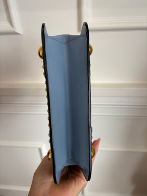 Prada Blue Saffiano Leather Gold Studded Zipped Tote