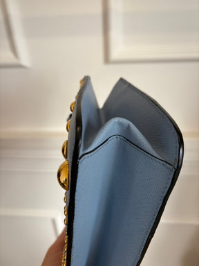 Prada Blue Saffiano Leather Gold Studded Zipped Tote