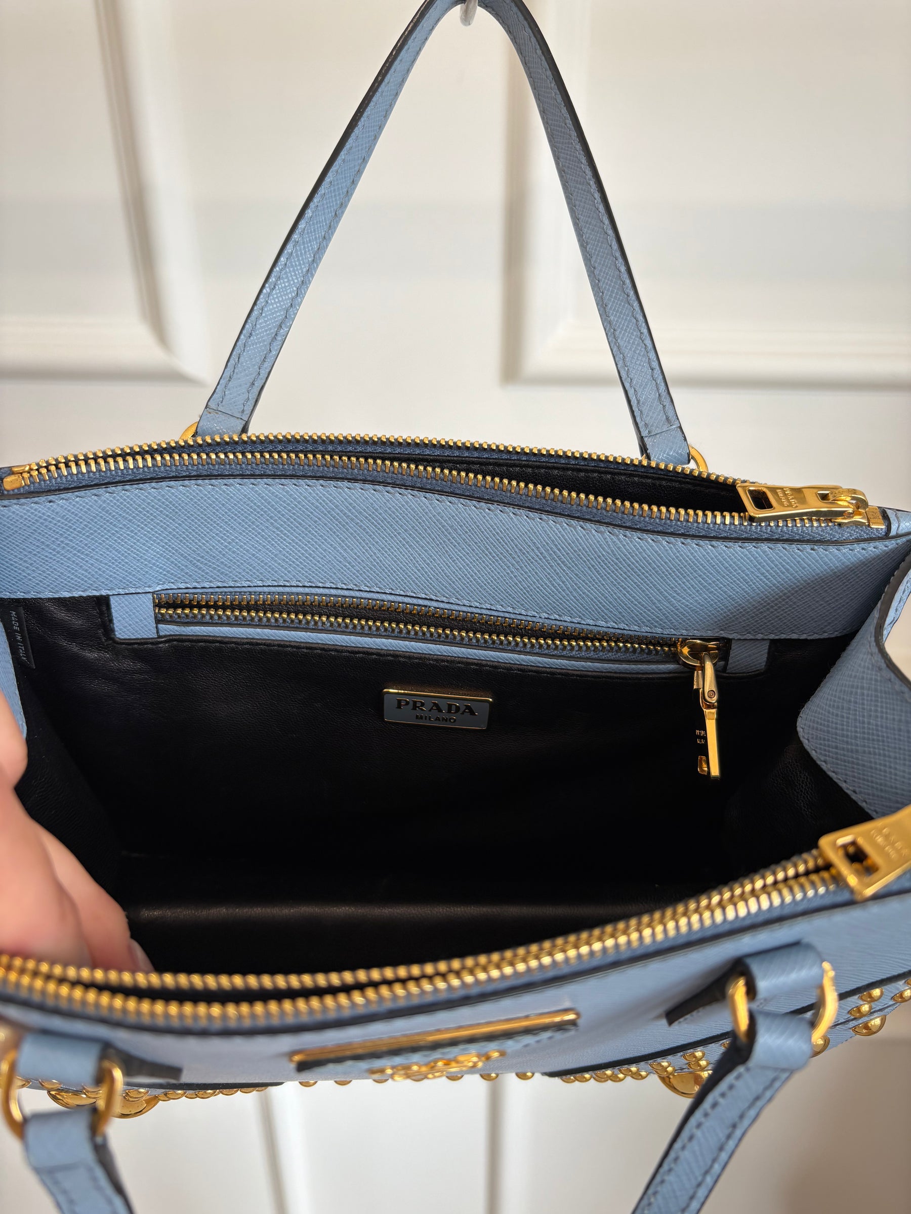 Prada Blue Saffiano Leather Gold Studded Zipped Tote