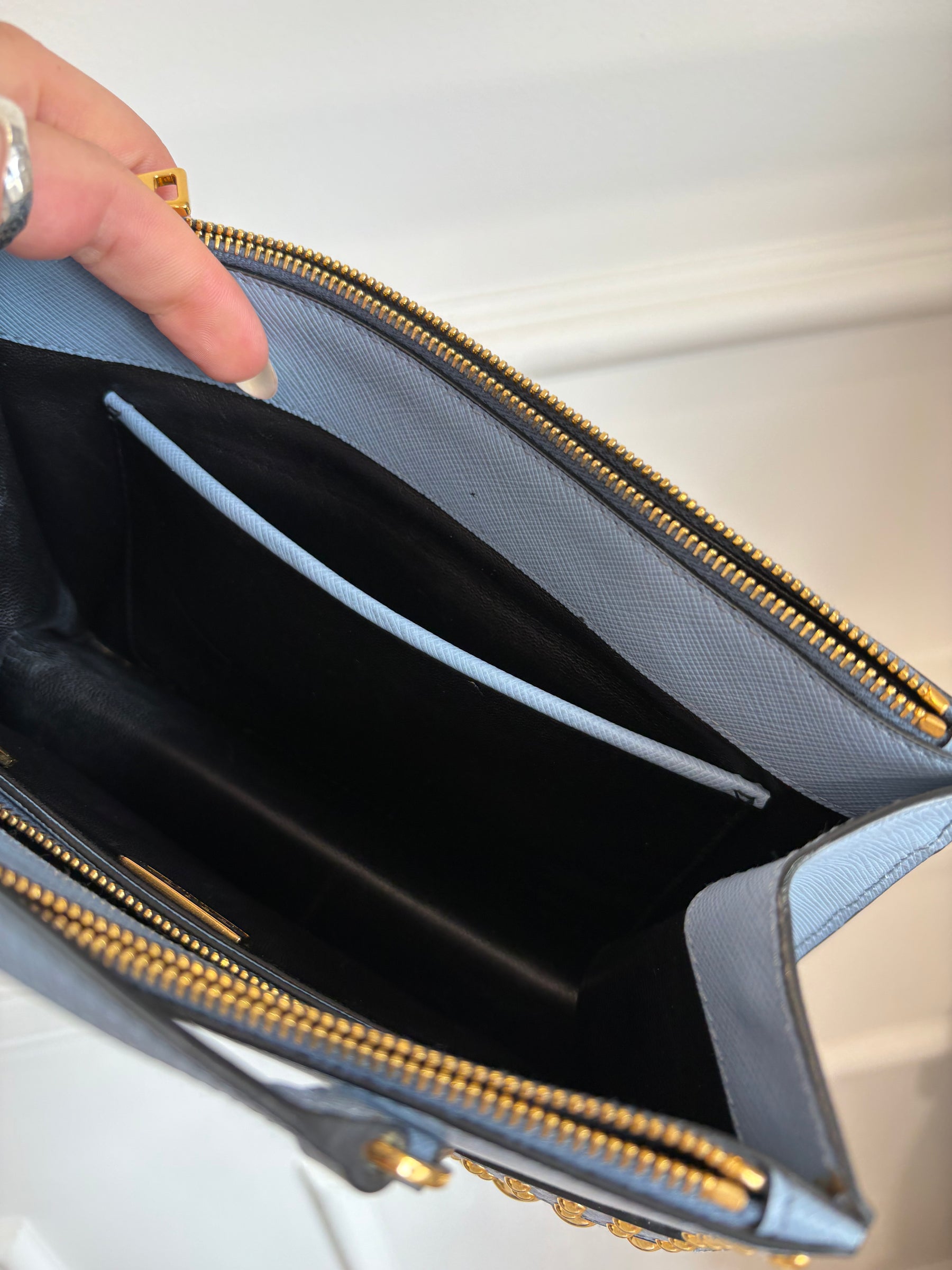 Prada Blue Saffiano Leather Gold Studded Zipped Tote