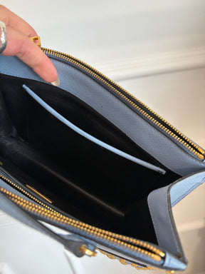 Prada Blue Saffiano Leather Gold Studded Zipped Tote