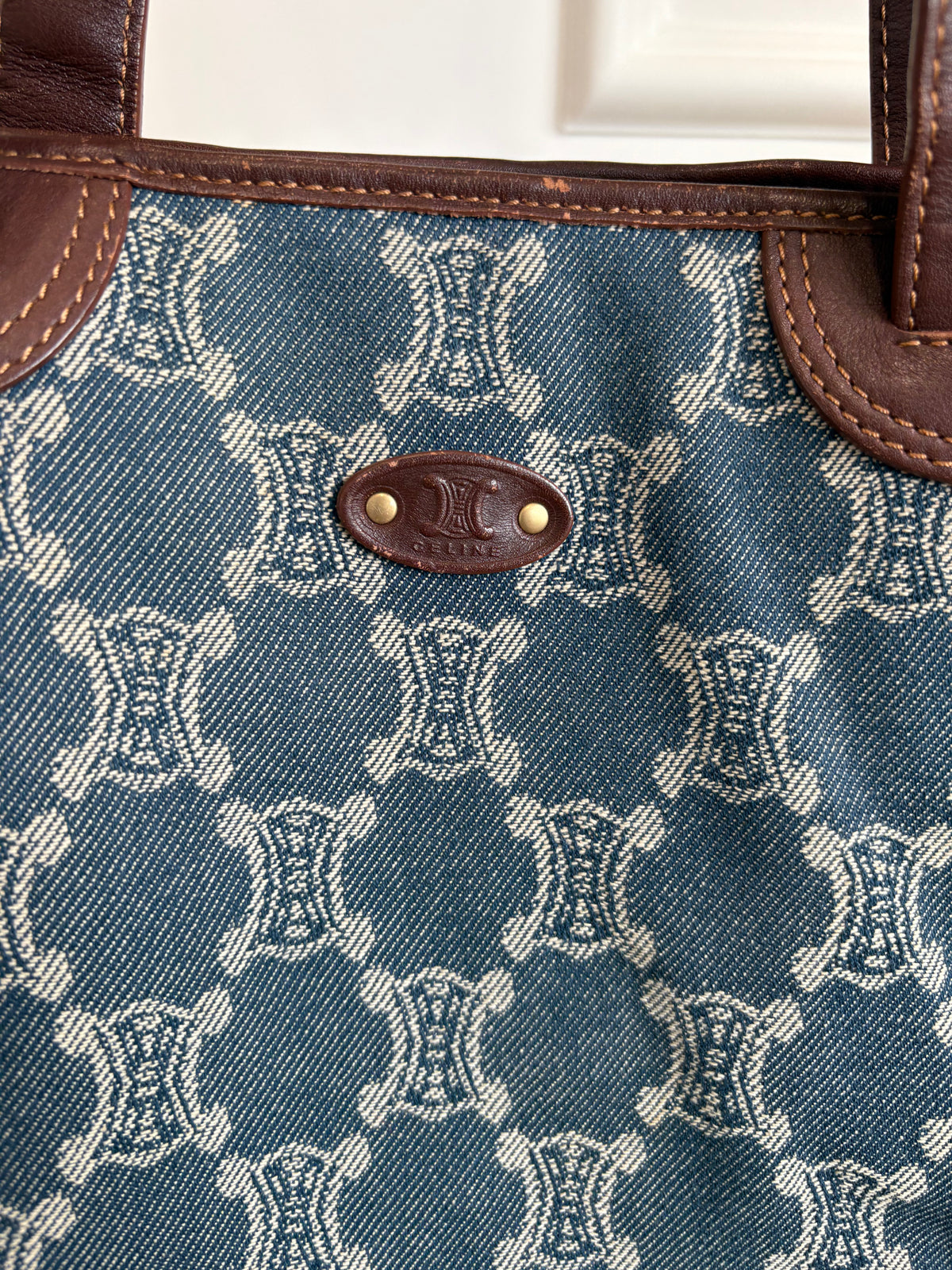 Celine Blue Denim Triomphe Logo Macadam Tote Bag