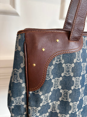Celine Blue Denim Triomphe Logo Macadam Tote Bag