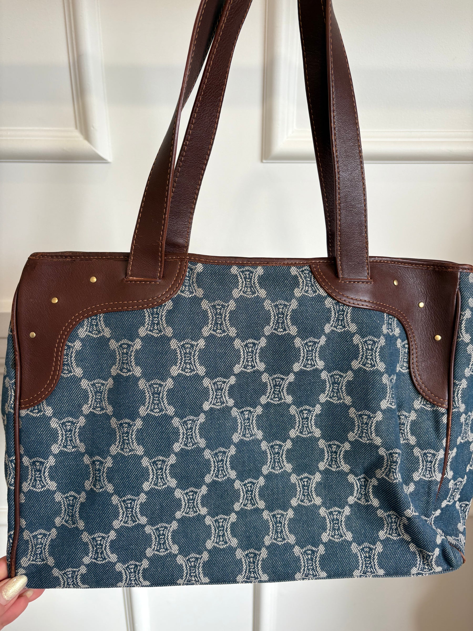 Celine Blue Denim Triomphe Logo Macadam Tote Bag