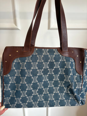 Celine Blue Denim Triomphe Logo Macadam Tote Bag