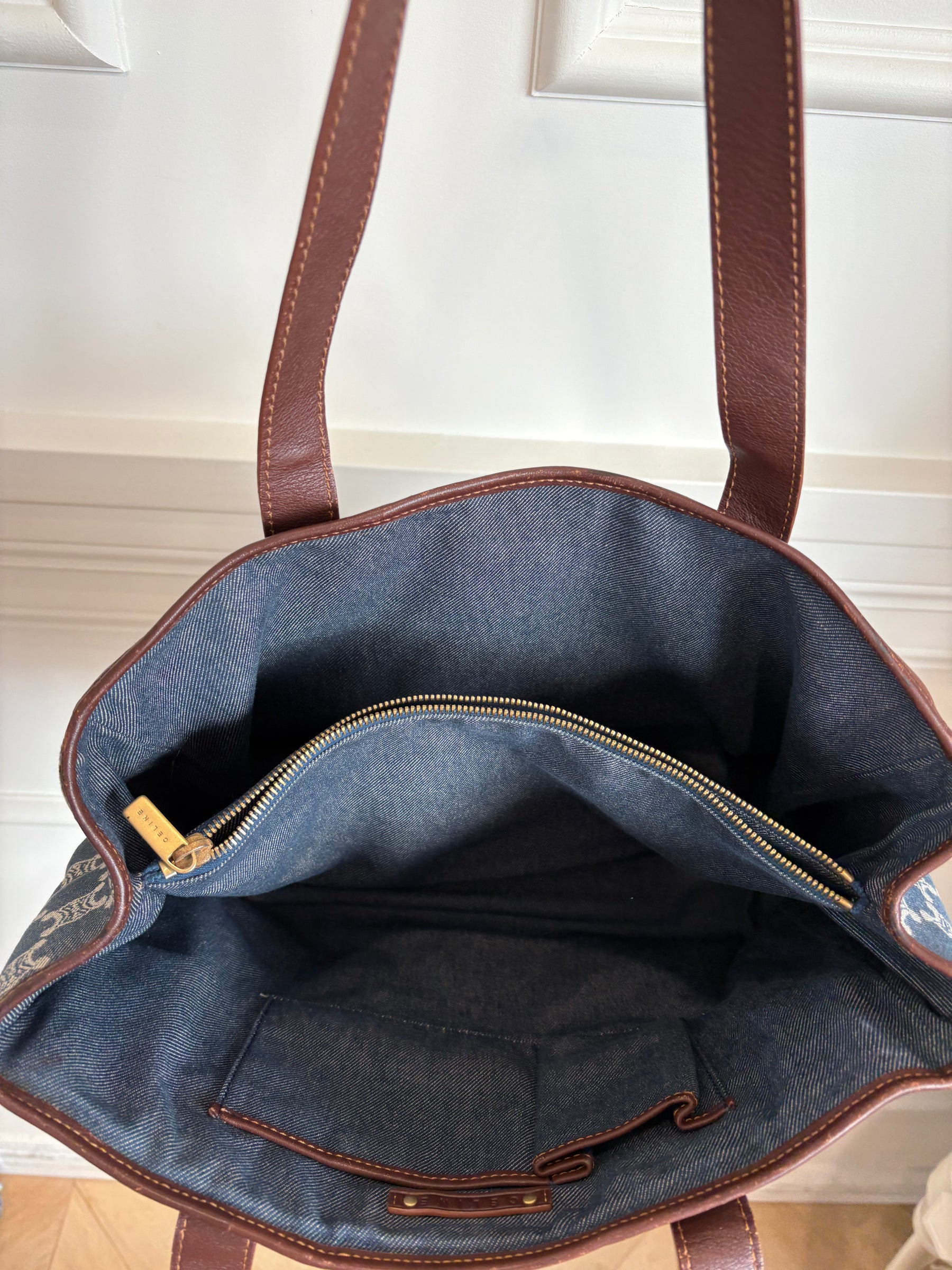 Celine Blue Denim Triomphe Logo Macadam Tote Bag