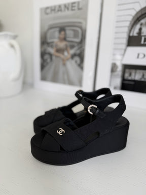 Chanel Black Grosgrain Quilted Wedge Sandal, 38.5 C