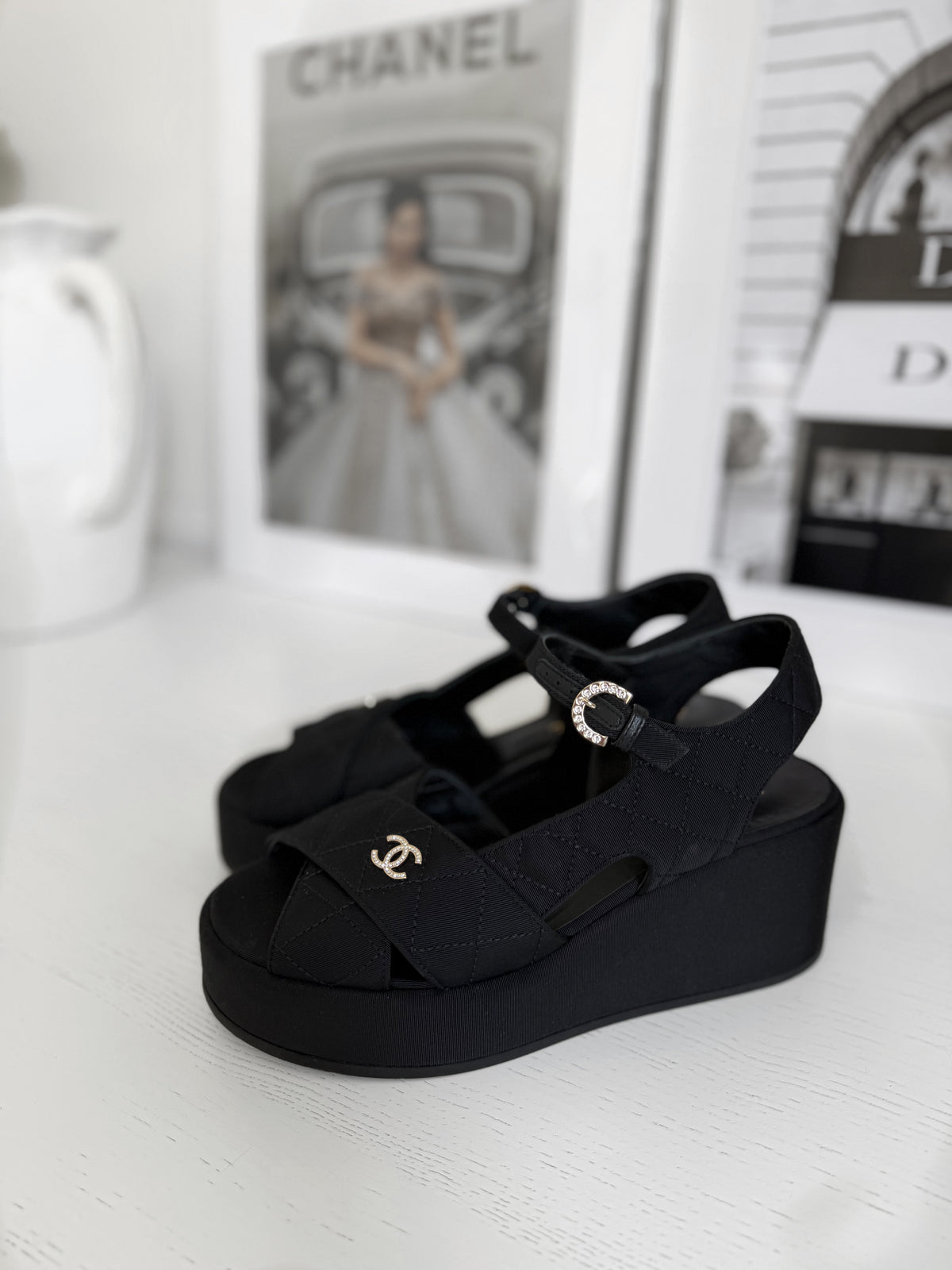 Chanel Black Grosgrain Quilted Wedge Sandal, 38.5 C