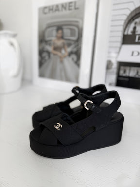 Chanel Black Grosgrain Quilted Wedge Sandal, 38.5 C