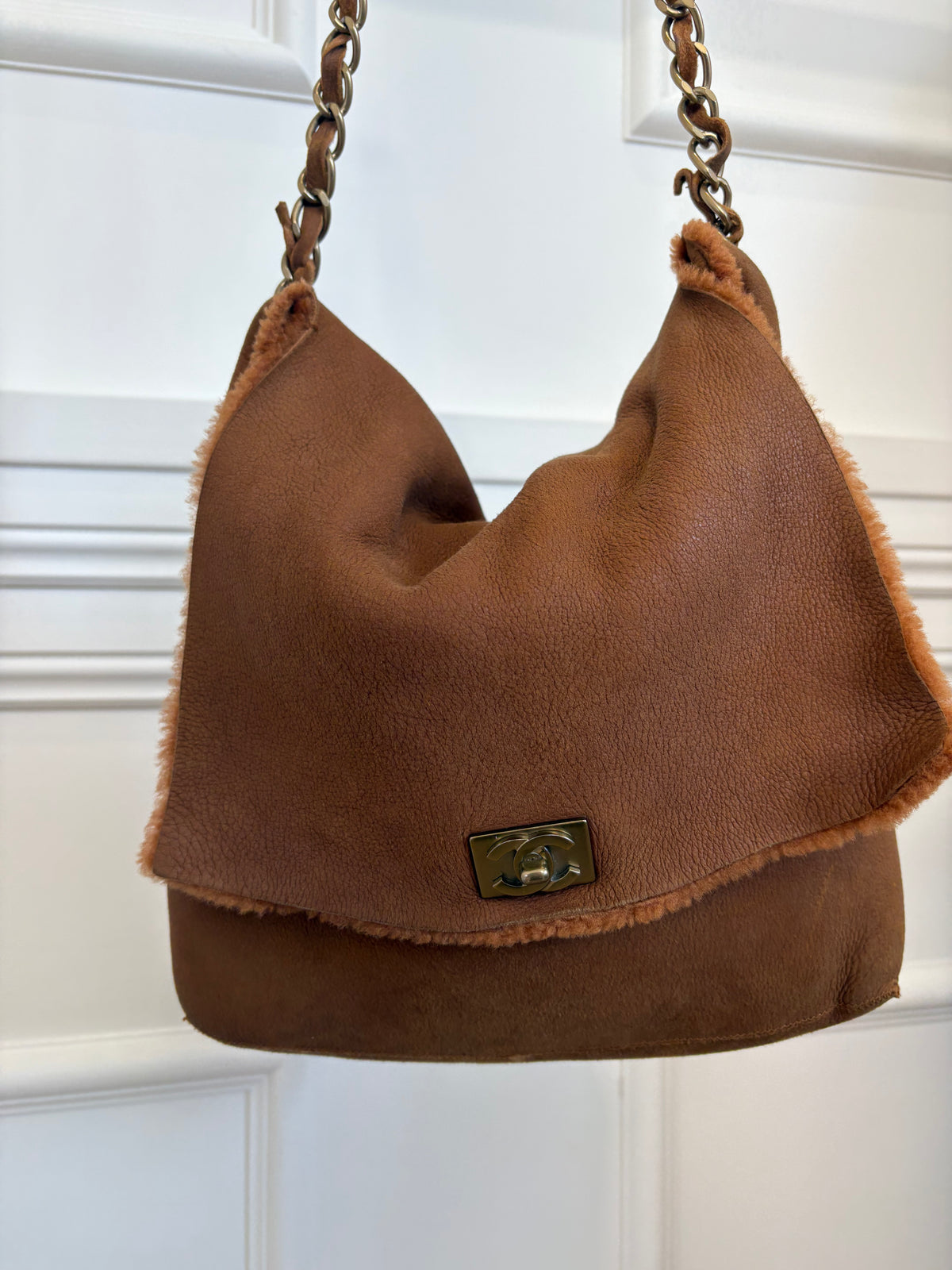 Chanel Tan Nubuck and Shearling Slouchy Flap Bag