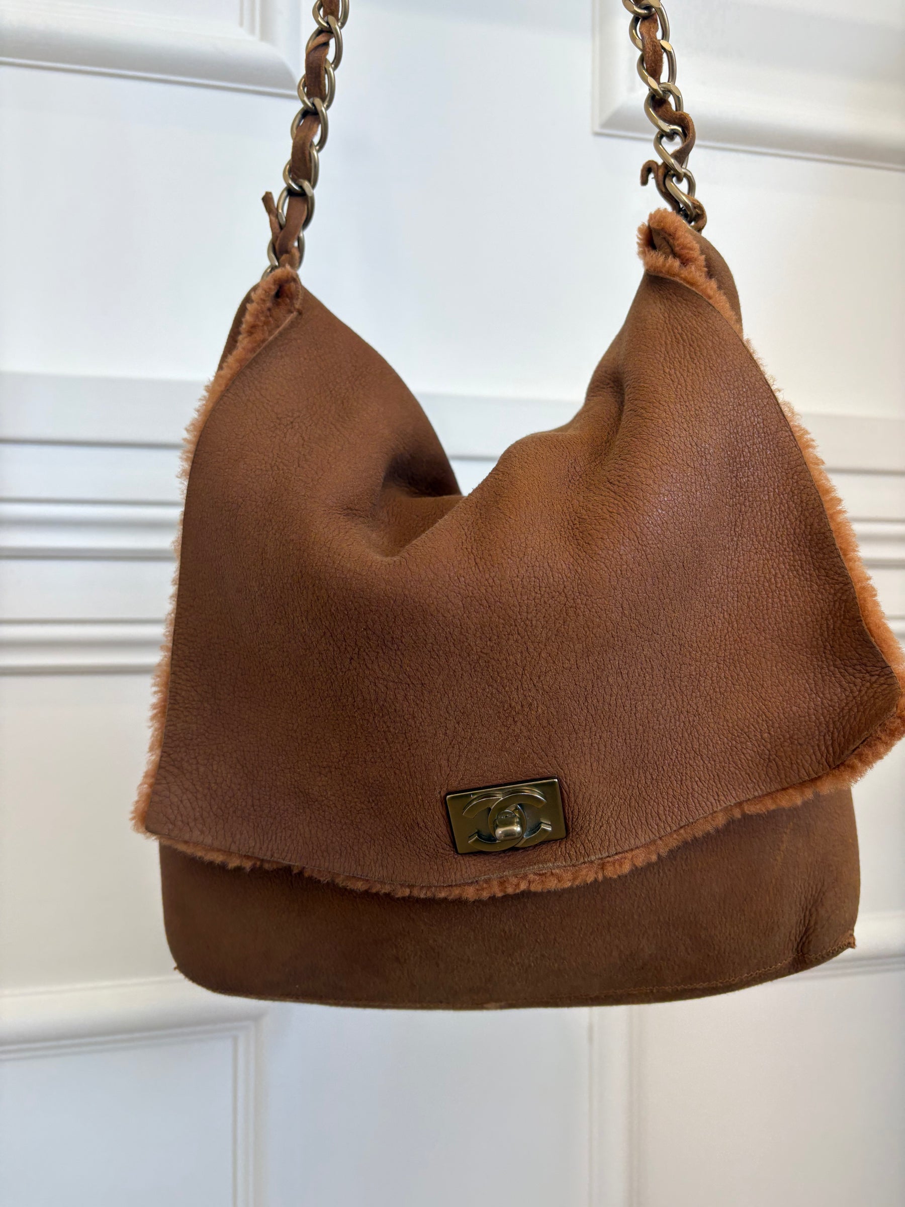 Chanel Tan Nubuck and Shearling Slouchy Flap Bag