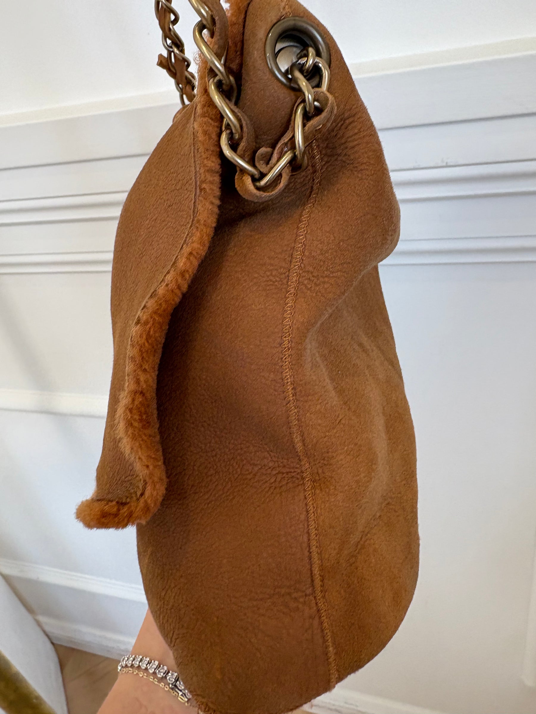 Chanel Tan Nubuck and Shearling Slouchy Flap Bag