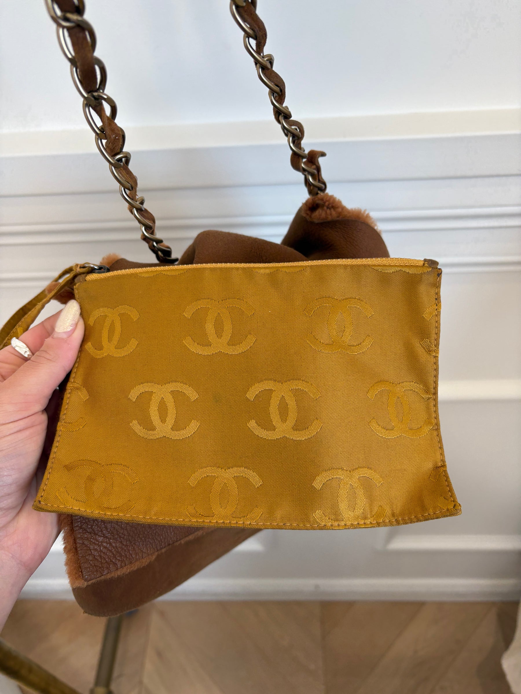 Chanel Tan Nubuck and Shearling Slouchy Flap Bag