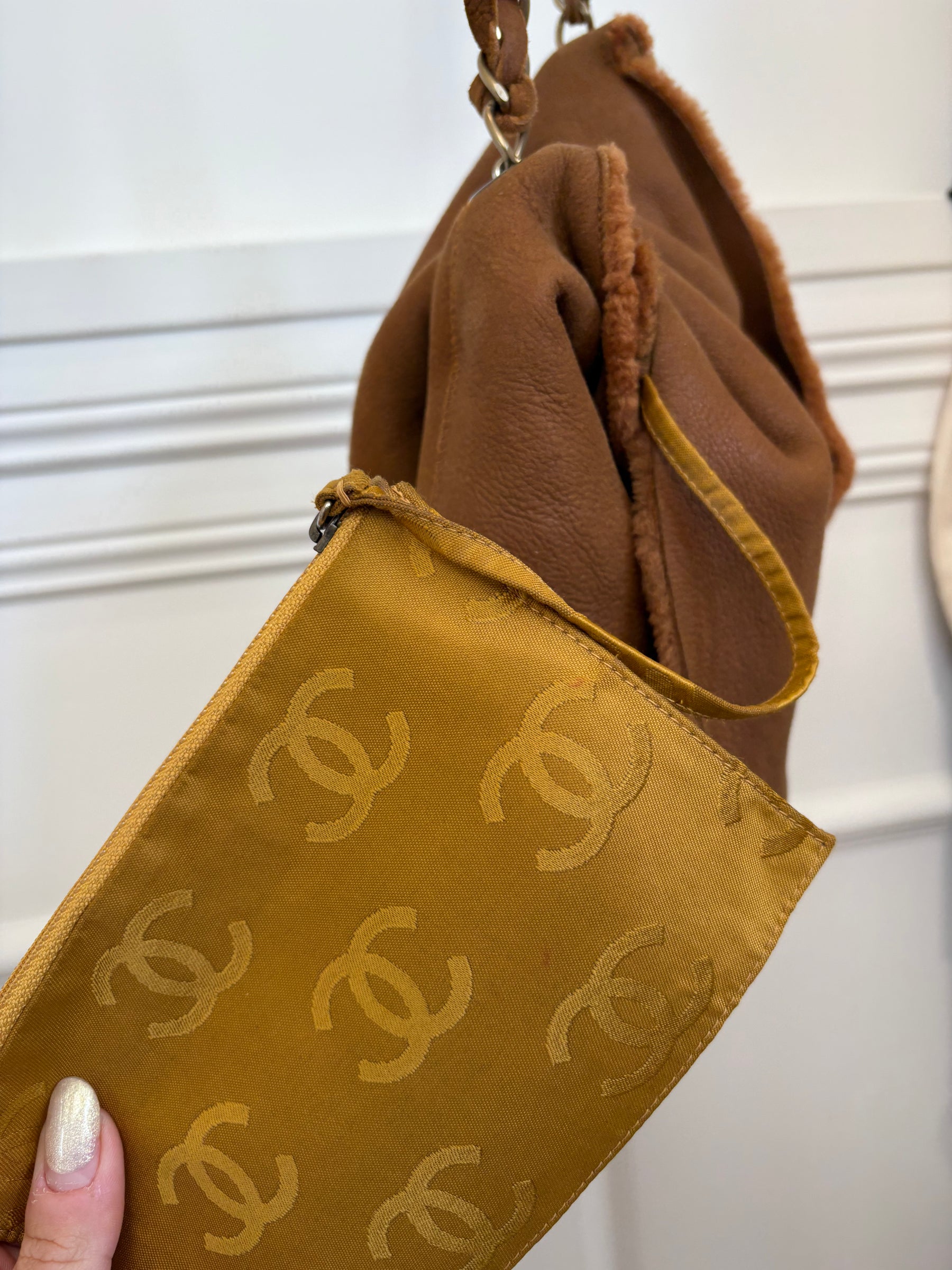 Chanel Tan Nubuck and Shearling Slouchy Flap Bag