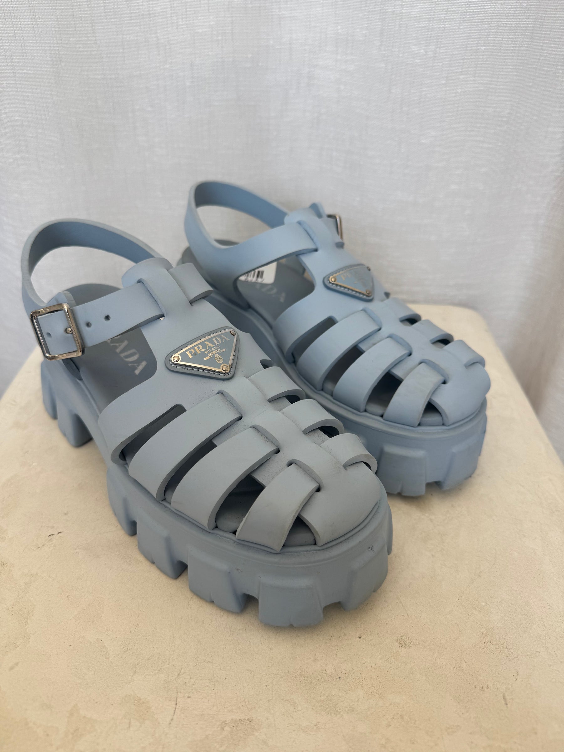 Prada Pale Blue Rubber Platform Fisherman Sandals, 38