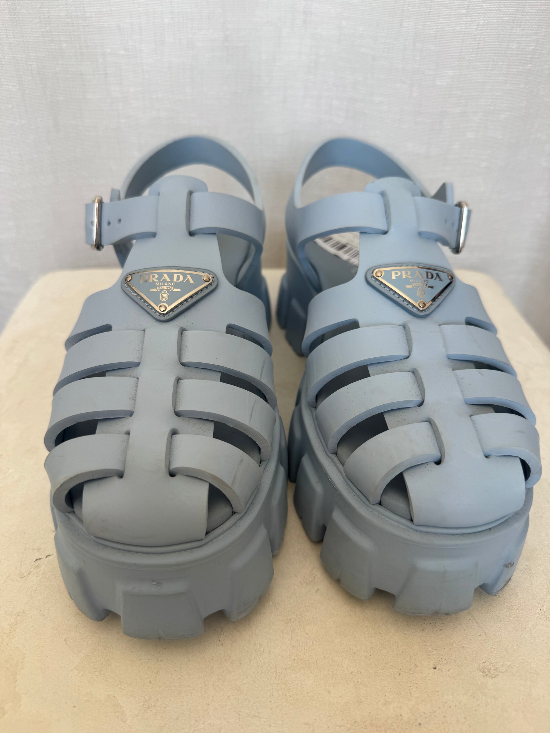 Prada Pale Blue Rubber Platform Fisherman Sandals, 38