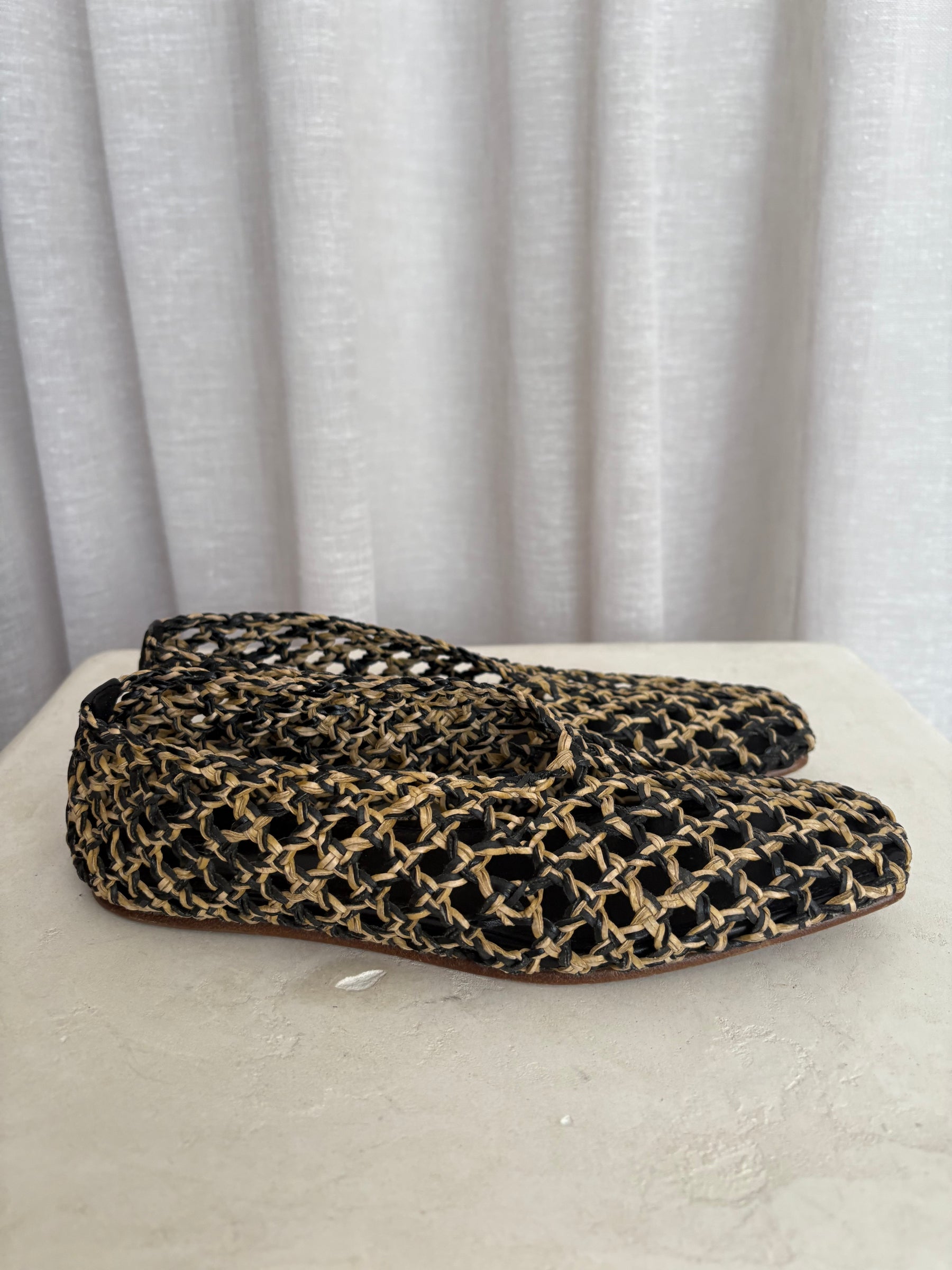 Camilla and Marc Black and Raffia Pointed Flats, 39