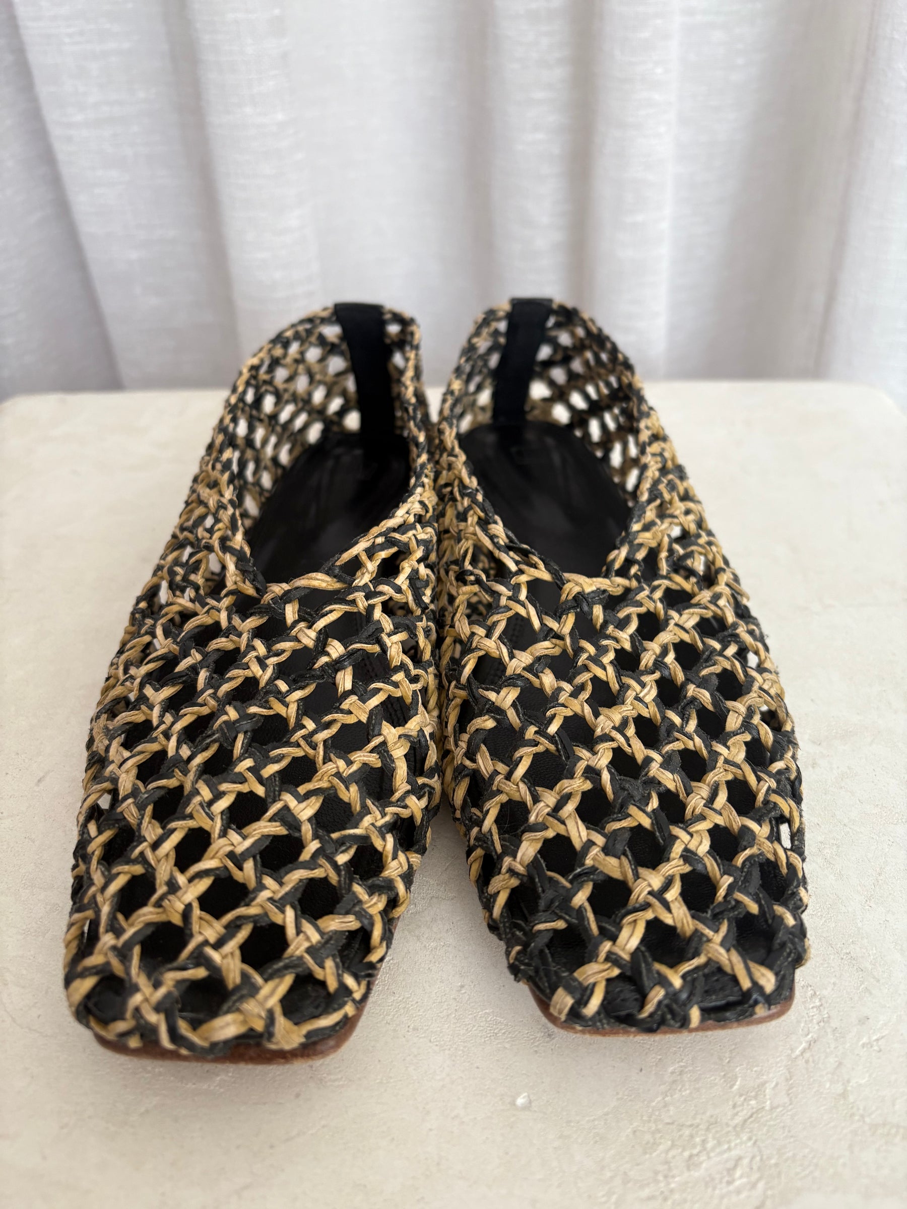 Camilla and Marc Black and Raffia Pointed Flats, 39
