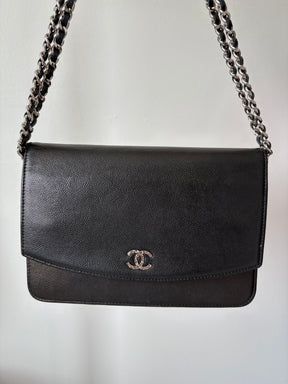Chanel Black Irridescent Black Caviar Leather Wallet On Chain
