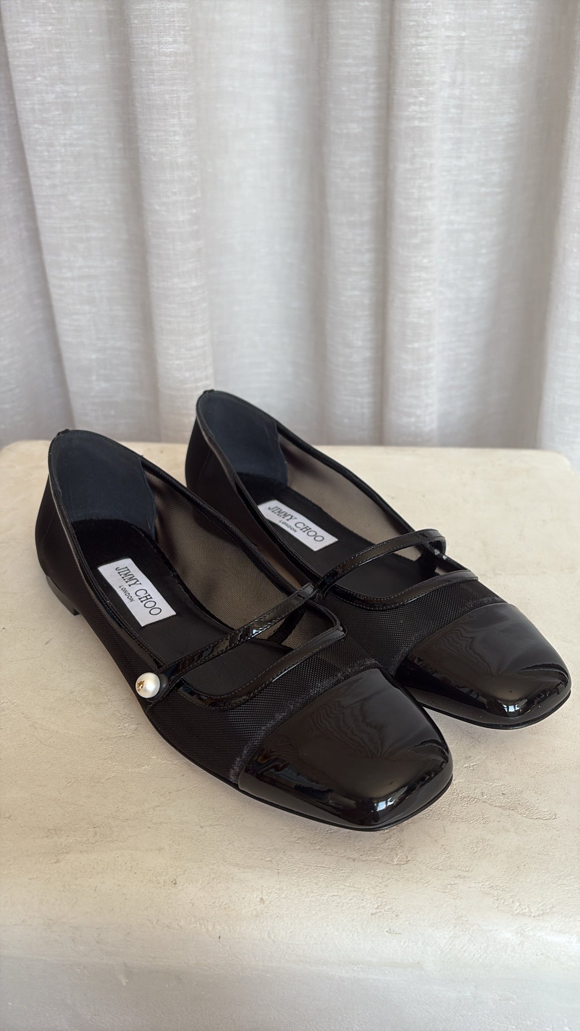 Jimmy Choo Black Mesh Pearl Detail Flats, 40.5