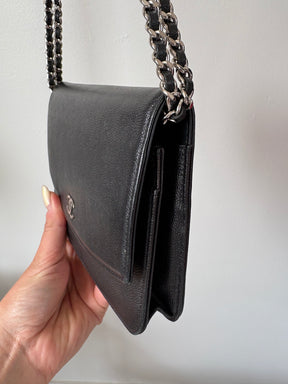 Chanel Black Irridescent Black Caviar Leather Wallet On Chain