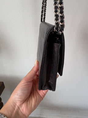 Chanel Black Irridescent Black Caviar Leather Wallet On Chain