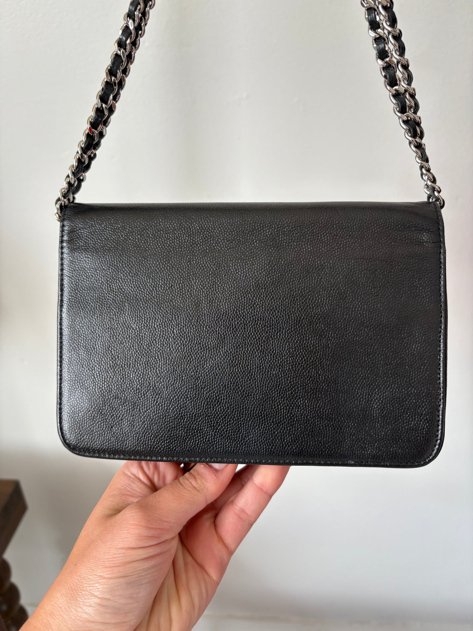 Chanel Black Irridescent Black Caviar Leather Wallet On Chain